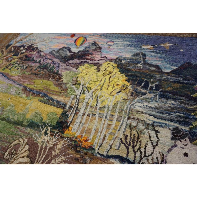 American 1940s Multicolor Scenic Winter Folk Art American Hooked Rug 3'2" X 3'10" Handknotted Wool Carpet For Sale - Image 3 of 10