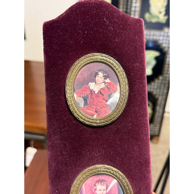 Early 20th Century Three Miniature Portraits Velvet Wall Plaque, Vintage For Sale - Image 5 of 12