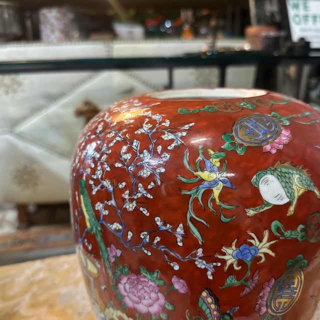 Asian Vintage Ceramic Asian Red Detailed Vase With Floral Accents For Sale - Image 3 of 8