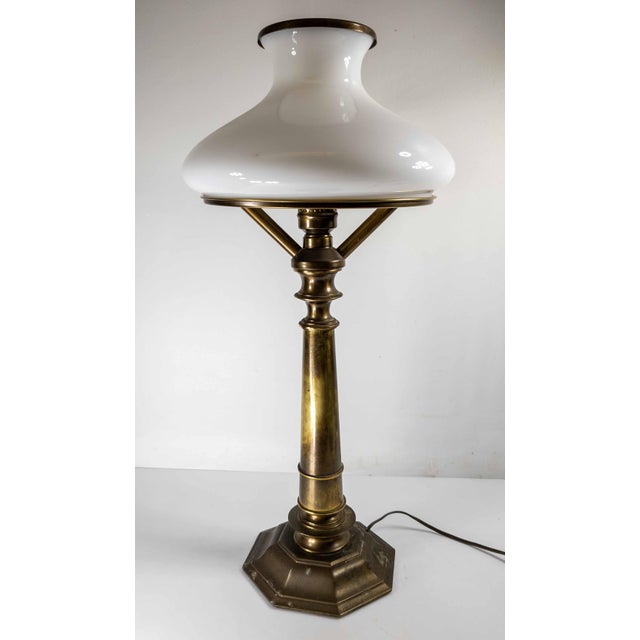 1970s 1970's Ethan Allen Brass Sinumbra Astral Lamp Style Table Lamp With White Glass Shade For Sale - Image 5 of 14