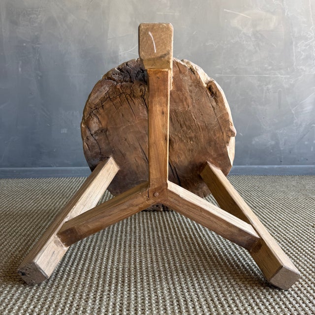 Brown Vintage Elm Wood Wheel Table in Natural Finish For Sale - Image 8 of 8