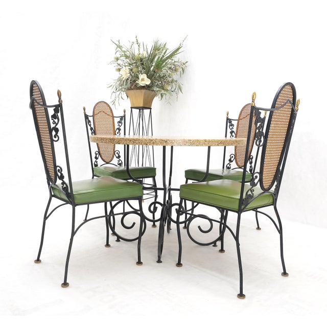 Mid 20th Century Resin Cast Abalone Shell Round Top Outdoor Table 4 Cane Back Chairs Iron Set For Sale - Image 11 of 16