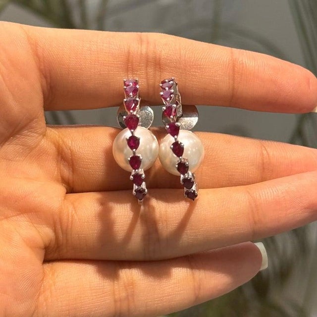 Ruby Red Natural Ruby & Freshwater Pearl Designer C Hoop Earrings in 925 Sterling Silver, A Pair For Sale - Image 8 of 15