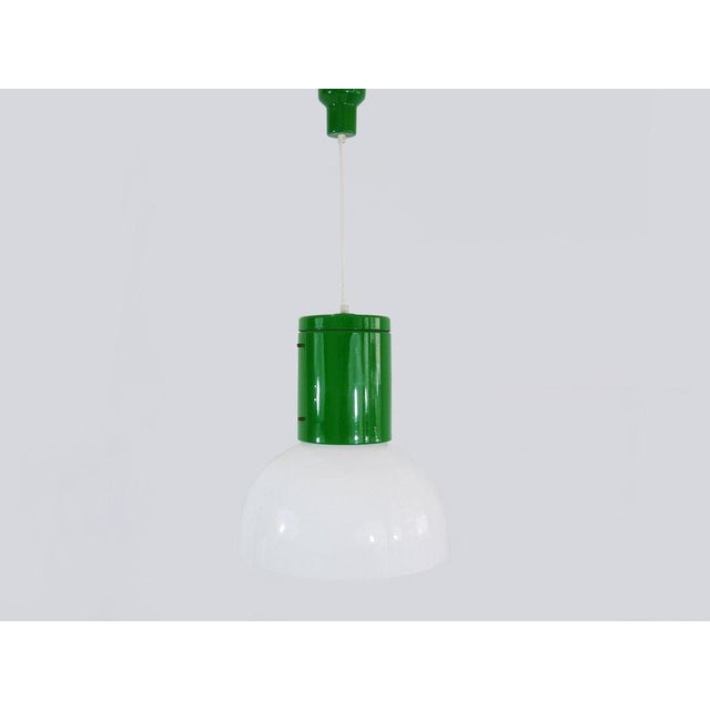 Industrial Vintage Industrial Pendant Lamp in Green Metal with White Plastic Lampshade, 1970s For Sale - Image 3 of 11