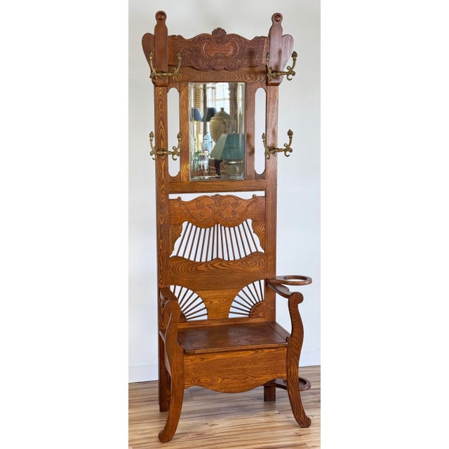 Farmhouse Antique Early 20th C American Oak Hall Tree For Sale - Image 3 of 10