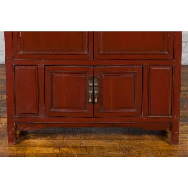 Wood Red Lacquer Cabinet With Multiple Carved Doors From China, Mid-19th Century For Sale - Image 7 of 12