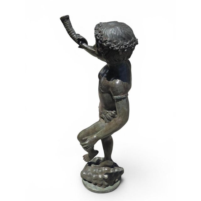 1940s Italian Artist, Large Patinated Sculpture of a Boy Blowing a Horn, Early 20th Century, Bronze For Sale - Image 5 of 9
