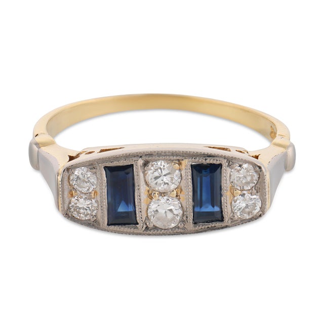 Art Deco 1930s Art Deco Sapphire Diamond 18k Yellow Gold Platinum Ring, Size 7.75 For Sale - Image 3 of 6