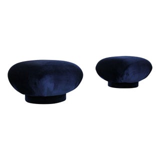 Navy Mid-Century Swivel Pouf Ottomans - A Pair For Sale