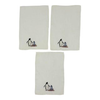 Vintage Madeira Linen Penguin White Linen Cocktail Napkins- Set of 3 For Sale
