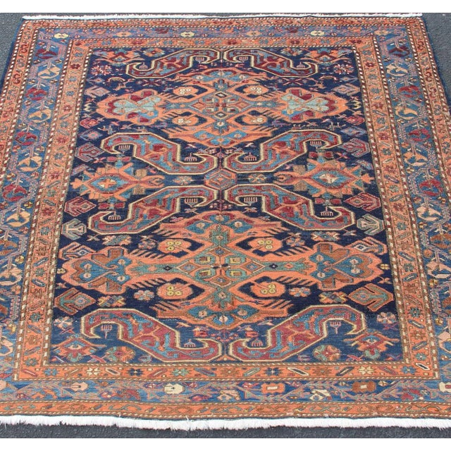 Tribal Early 20th Century Antique Caucasian Sumac Rug in Varying Colors of Orange and Blue For Sale - Image 3 of 12