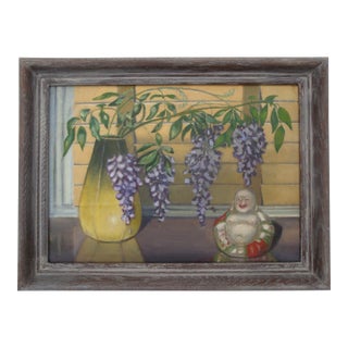 1940s Chinoiserie Still Life Painting Buddha and Wisteria Flowers For Sale