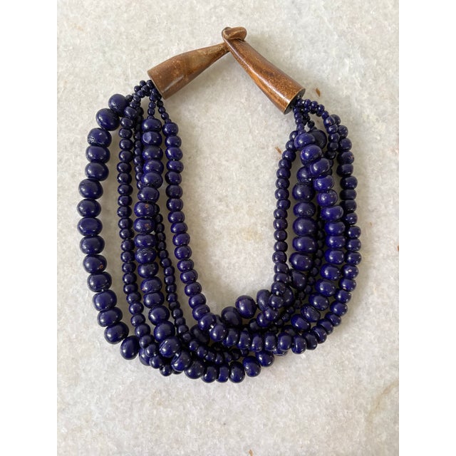 Mid-Century Modern Finch, Cobalt, Blue Glass, Multi Strand, Beaded Necklace, Wood Carved Clasp For Sale - Image 3 of 4