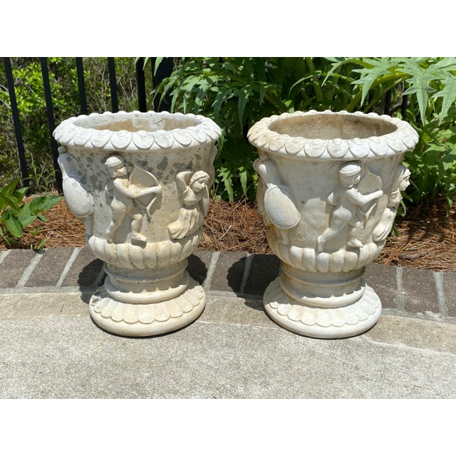 Neoclassical Vintage Greek Style Neoclassical Cast Stone Urns - Set of 2 For Sale - Image 3 of 12
