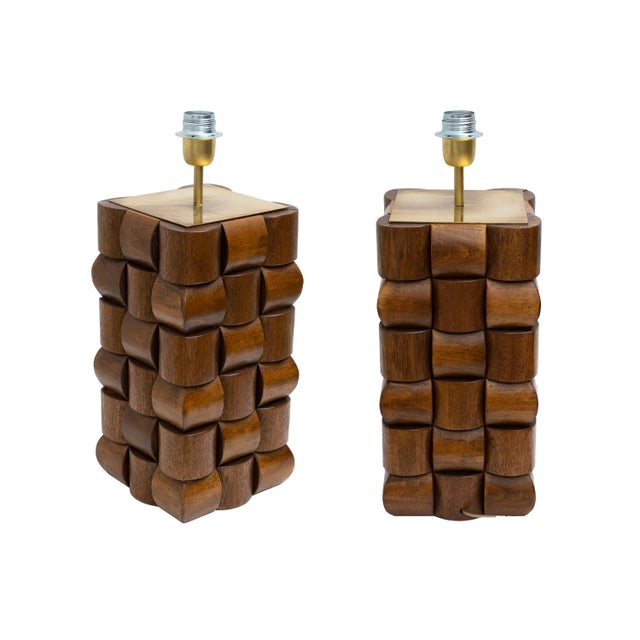 Wood Sculptural Teak and Brass Table Lamps, Italy, 2000, Set of 2 For Sale - Image 7 of 7