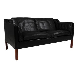 Model 2212 Black Leather and Teak Two-Seater Sofa by Børge Mogensen for Fredericia For Sale
