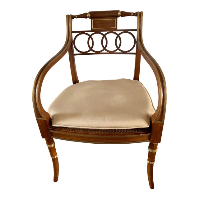 1980s Baker Furniture Hollywood Regency ArmChair Gilt Accents Caned Seat For Sale