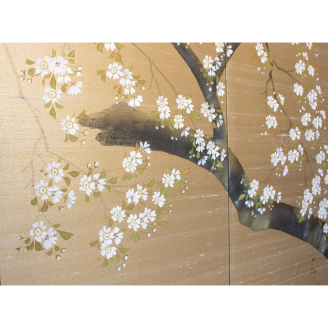 1950-1960s Shōwa Era Japanese Painted Silk Byobu Screen "Blossoming Sakura" For Sale - Image 14 of 18
