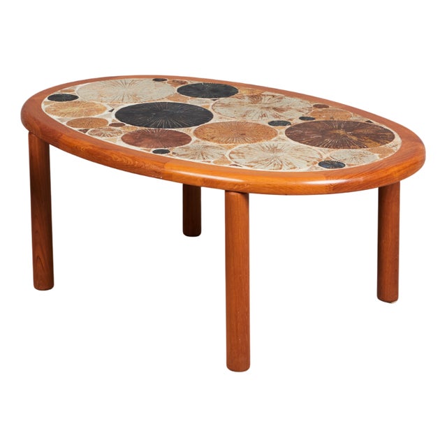 Oval Ceramic and Teak Coffee Table by Tue Poulsen for Haslev Mobelsnedkeri, Denmark, 1960 For Sale