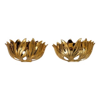 Italian Gilt Metal Lotus Flower Wall Sconces, 1980s For Sale