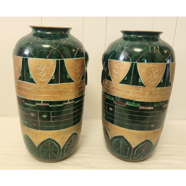 Pair Large Postmodern Vintage Green and Gold Floor Vases For Sale - Image 13 of 13