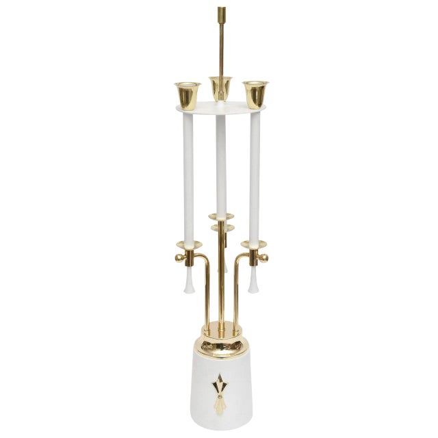 Mid Century Modern Parzinger Style Brass & White Lacquered Metal Tall Table Lamp, Restored For Sale