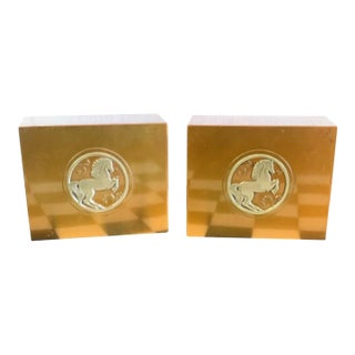 Vintage Silver Crest Brass Horse Bookends – Mid-Century Modern Pair For Sale