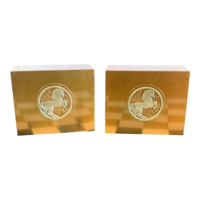 Vintage Silver Crest Brass Horse Bookends – Mid-Century Modern Pair For Sale