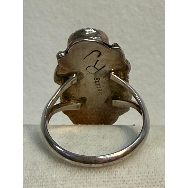 Tribal Navajo Turquoise Sterling Silver Rj Robert Johnson Ring Native American Signed Size 6.75 For Sale - Image 3 of 5