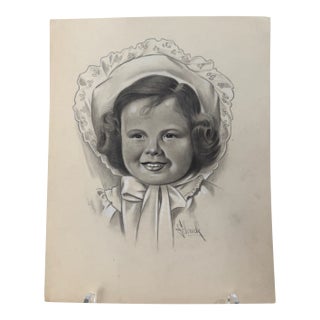 1940s Original Signed Graphite Illustration of Smiling Young Girl in Bonnet, 11 × 9 In. For Sale