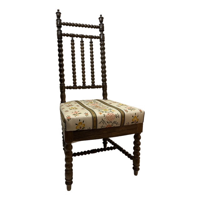 Antique French Bobbin Chair, Ebonized Wood, c.1800's With Upholstered Seat For Sale
