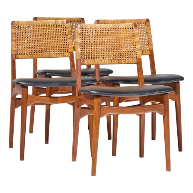 E. Knudsen for Jensen & Lykkegaard Model 47 Mid Century Danish Teak and Cane Dining Chairs - Set of 4 For Sale