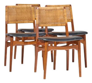 E. Knudsen for Jensen & Lykkegaard Model 47 Mid Century Danish Teak and Cane Dining Chairs - Set of 4