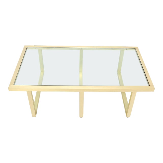 1970s Brass Frame Shape Base Glass Top Rectangular Coffee Table For Sale