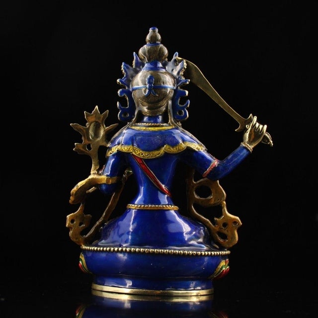 Asian Vintage Cloisonné Enamel Bronze Manjushri Statue Buddhist Deity Sword 8.3" For Sale - Image 3 of 9