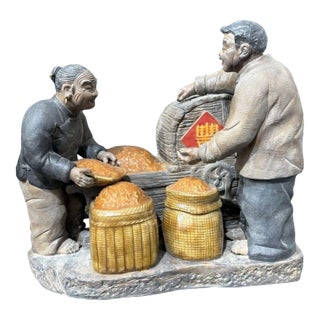 Vintage Chinese Shiwan Ware Hand Sculpted Elder Couple Bountiful Harvest Ceramic Figurine Group For Sale