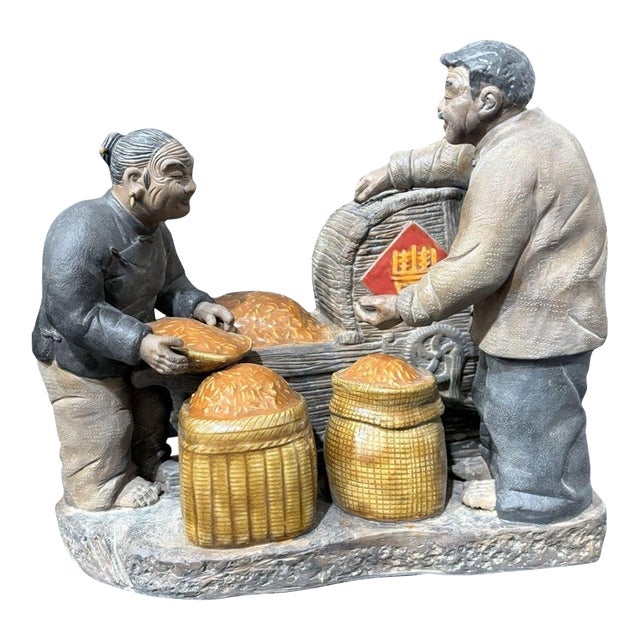 Vintage Chinese Shiwan Ware Hand Sculpted Elder Couple Bountiful Harvest Ceramic Figurine Group For Sale