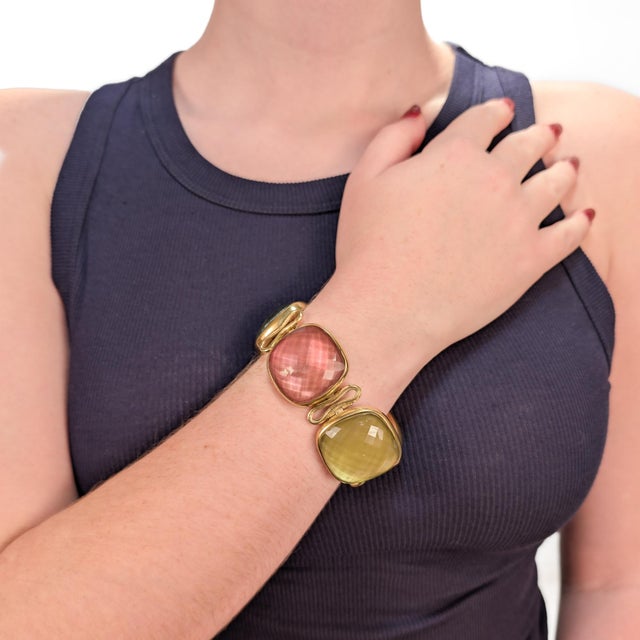 A fine signed gold plated bracelet. By Steve Vaubel. In gold plated metal. With 5 large checkerboard cushion cut quartz...