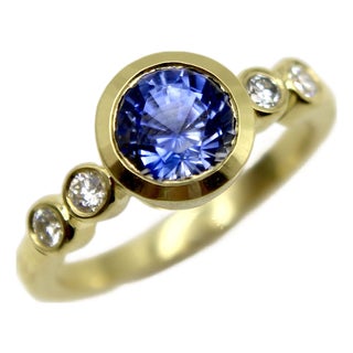 1990s Sapphire and Diamond Bezel Set 18k Gold Ring, Size 4.5 For Sale