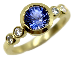 1990s Sapphire and Diamond Bezel Set 18k Gold Ring, Size 4.5