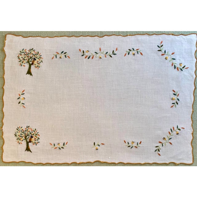 A charming embroidered linen set featuring pear tree motifs‚ includes placemats and napkins for a timeless tablescape....