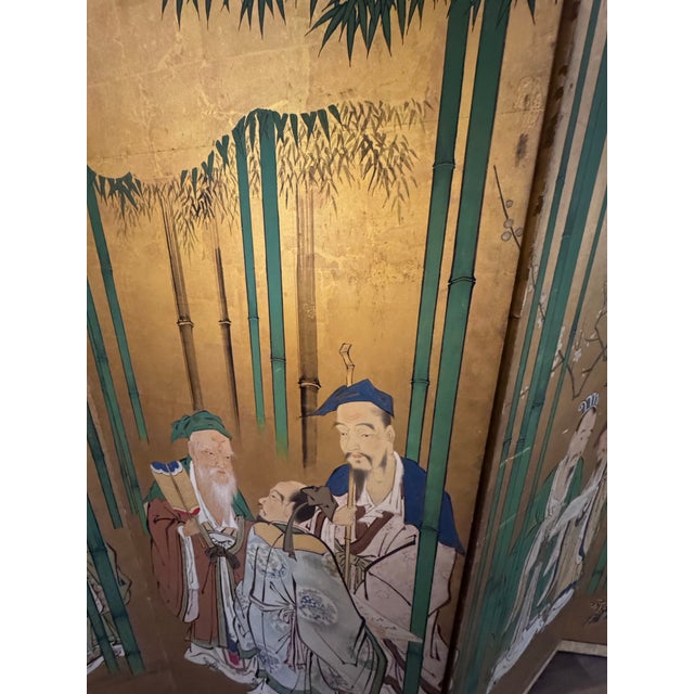 Chinoiserie Monumental Vintage Chinese Six-Panel Gilt Folding Screen With Bamboo and Scholars For Sale - Image 3 of 12