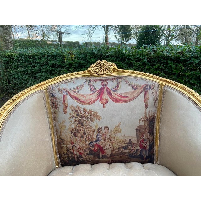 French c.1900 French Marquise Gold Beech Velvet Loveseat For Sale - Image 3 of 13