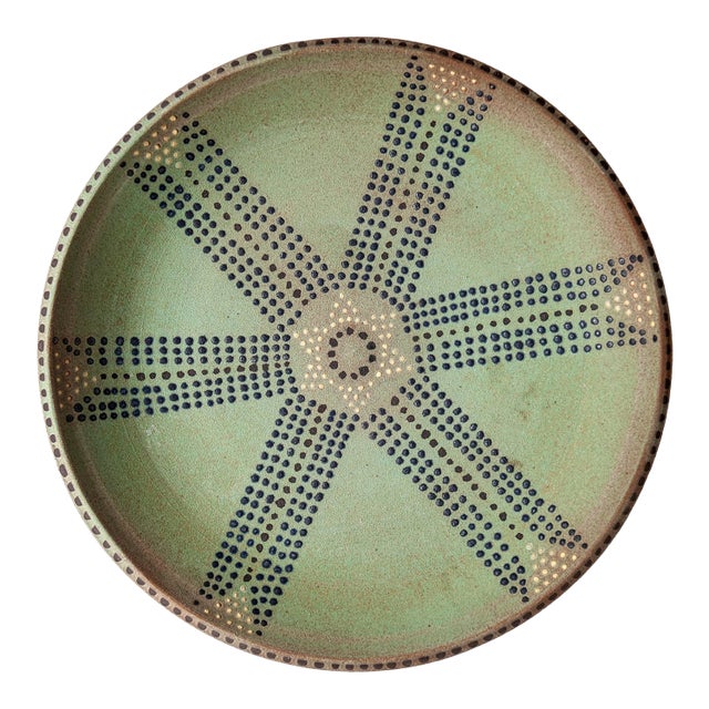 Vintage Green Artisan Ceramic Platter For Sale