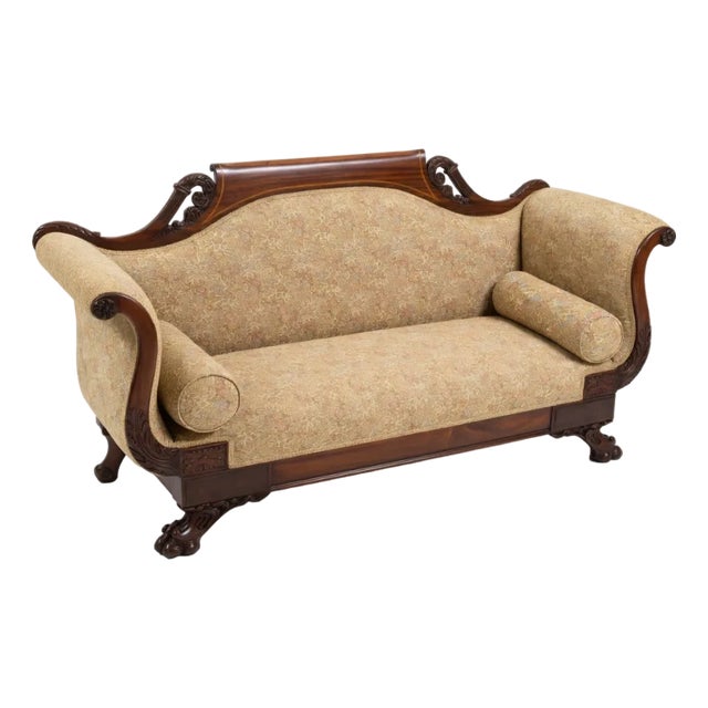 Antique American Empire Mahogany Settee With Scrolled Arms and Claw Feet For Sale