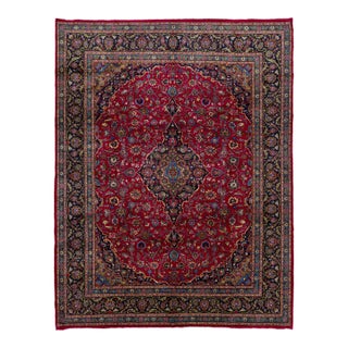 Red Vintage Hand-Knotted Mashad Persian Wool Rug With Allover Motif in a 10 X 13 For Sale