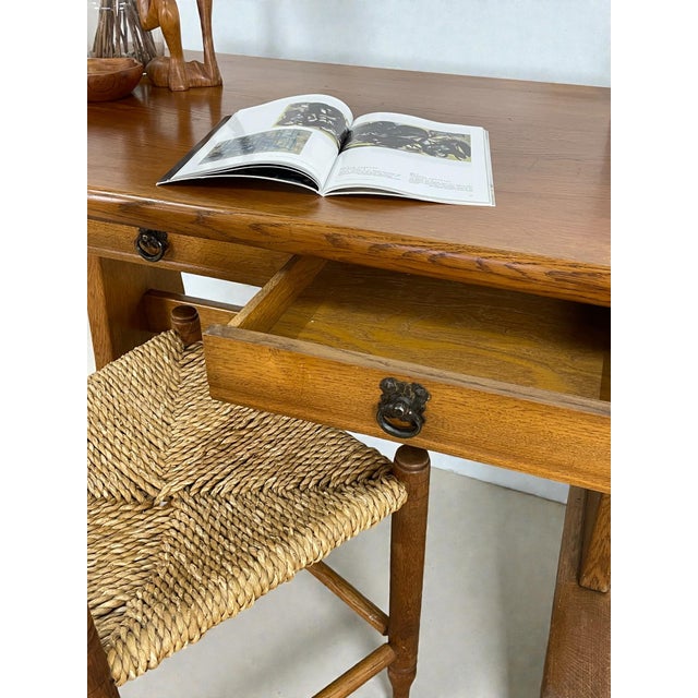 Brown Vintage Oak Writing Desk with Trestle Base, 1940s For Sale - Image 8 of 16