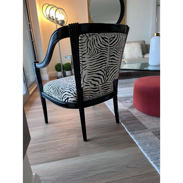 Black Glossy and Cotton Velvet Zebra Armchairs- A Pair For Sale - Image 4 of 11