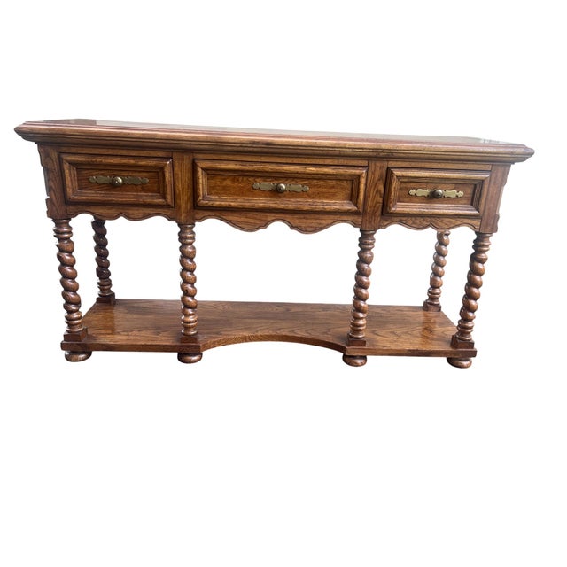American Late 20th Century Oak Barley Twist 3 Drawer Console / Sofa Table For Sale - Image 3 of 18