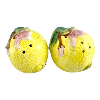 Vintage Majolica Style Lemon Salt & Pepper Shakers – Hand-Painted Ceramic, a Pair For Sale